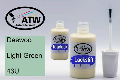 Daewoo, Light Green, 43U: 20ml Lackstift + 20ml Klarlack - Set, von ATW Autoteile West.